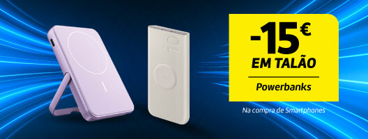 15€ em Talão em Powerbanks na compra de Smartphones. Válido de 28 a 31 outubro de 2025. 15€ em Talão em Powerbanks na compra de Smartphones. Válido de 28 a 31 outubro de 2025.