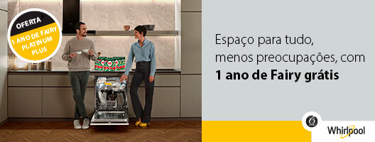 Oferta 1 ano de Fairy grátis na compra de uma Máquina de Lavar Loiça Whirlpool. Válido de 20 setembro a 20 novembro de 2025.