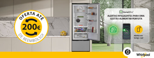 Até 200€ reembolso na compra de um Frigorífico Whirlpool. Válido de 01 junho a 31 agosto de 2026. Até 200€ reembolso na compra de um Frigorífico Whirlpool. Válido de 01 junho a 31 agosto de 2026.